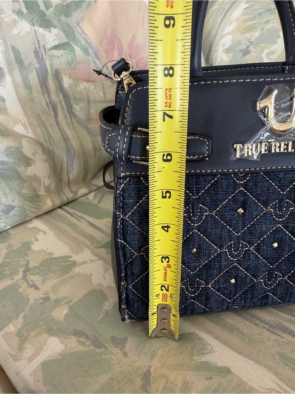 True Religion Denim Quilted Satchel Crossbody Bag Horseshoe Studded - Picture 7 of 8